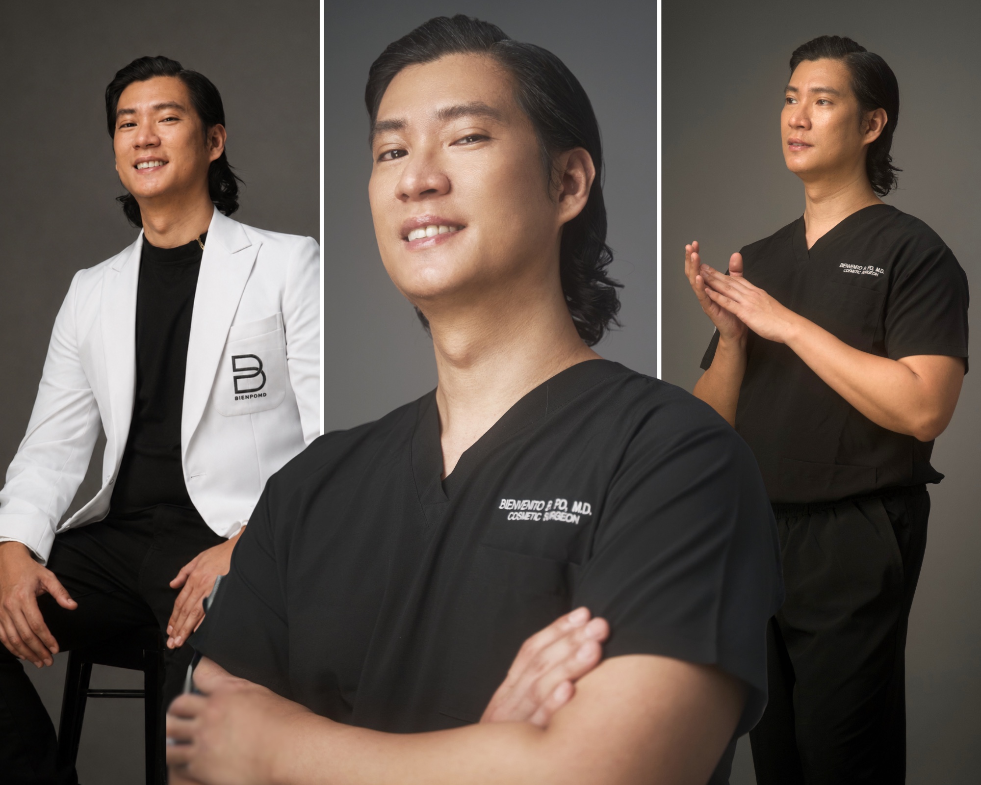 Three editorial portraits of Dr. Bien Po in a BienPoMD clinic coat and black surgical scrubs