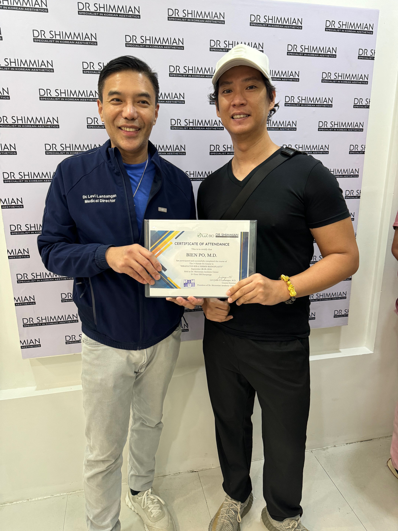 Dr. Bien Po with Dr. Levi Lansangan after the Irradiated Rib and Acellular Dermal Matrix Rhinoplasty Masterclass at Shimmian Clinic in September 2024