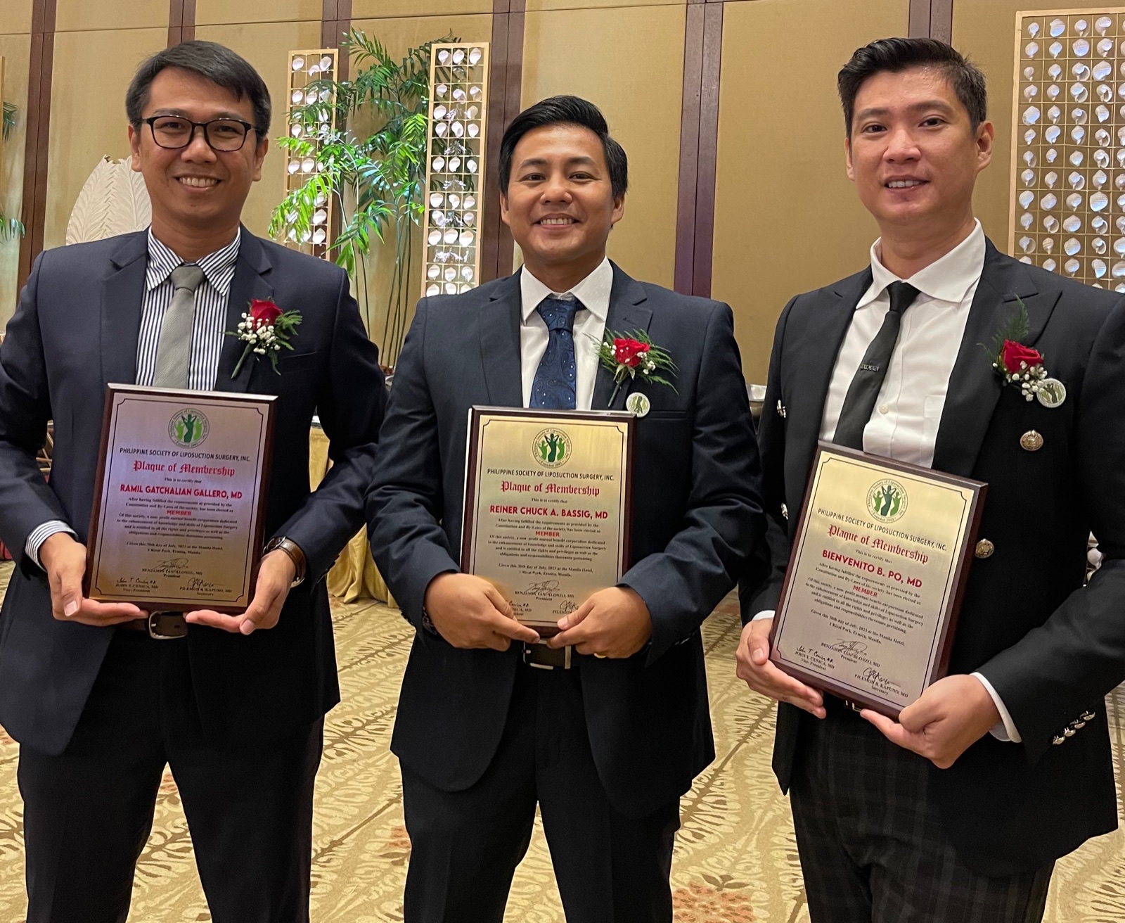Dr. Ramil Gallero, Dr. Reiner Chuck Bassig, and Dr. Bien Po at the Philippine Society of Liposuction Surgeons membership ceremony
